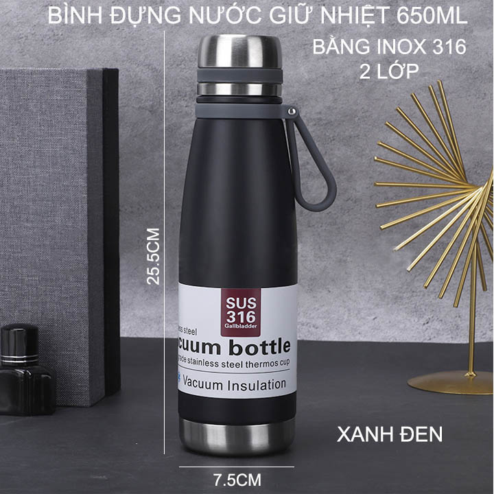 Bình giữ nhiệt 2 lớp bằng inox 316, dung tích 650ml, có nhiều màu cho khách lựa chọn