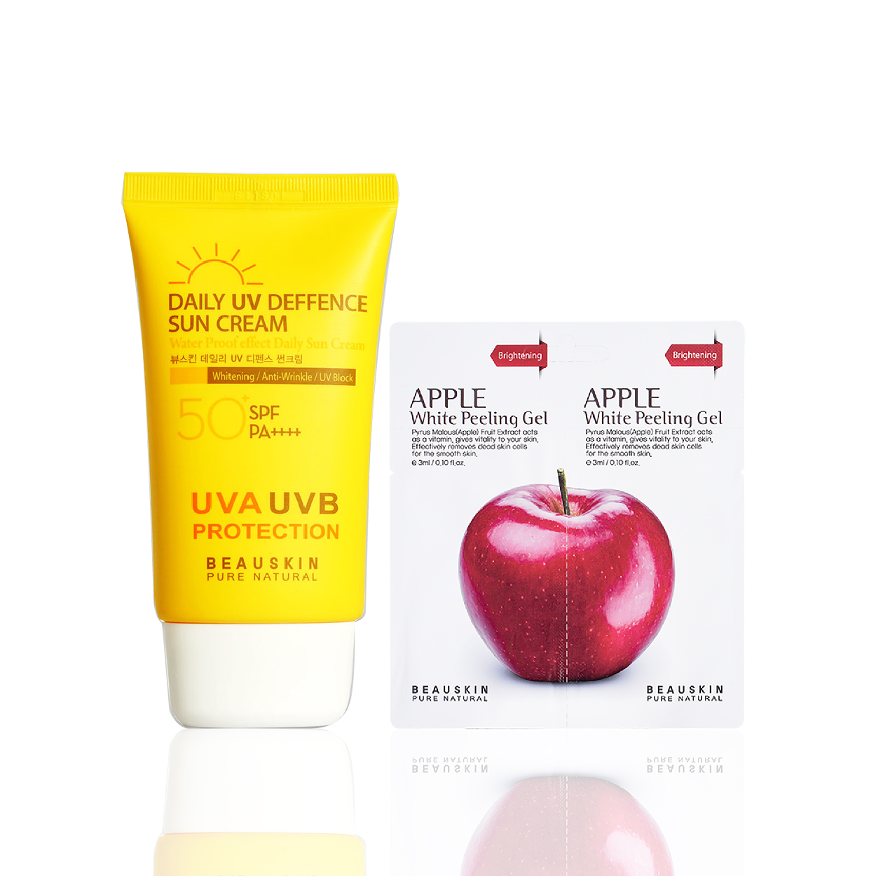 Combo Kem chống nắng kiểm soát dầu Beauskin Daily UV Deffence và Tẩy da chết sáng da sạch mụn Apple White Peeling Gel Minisize