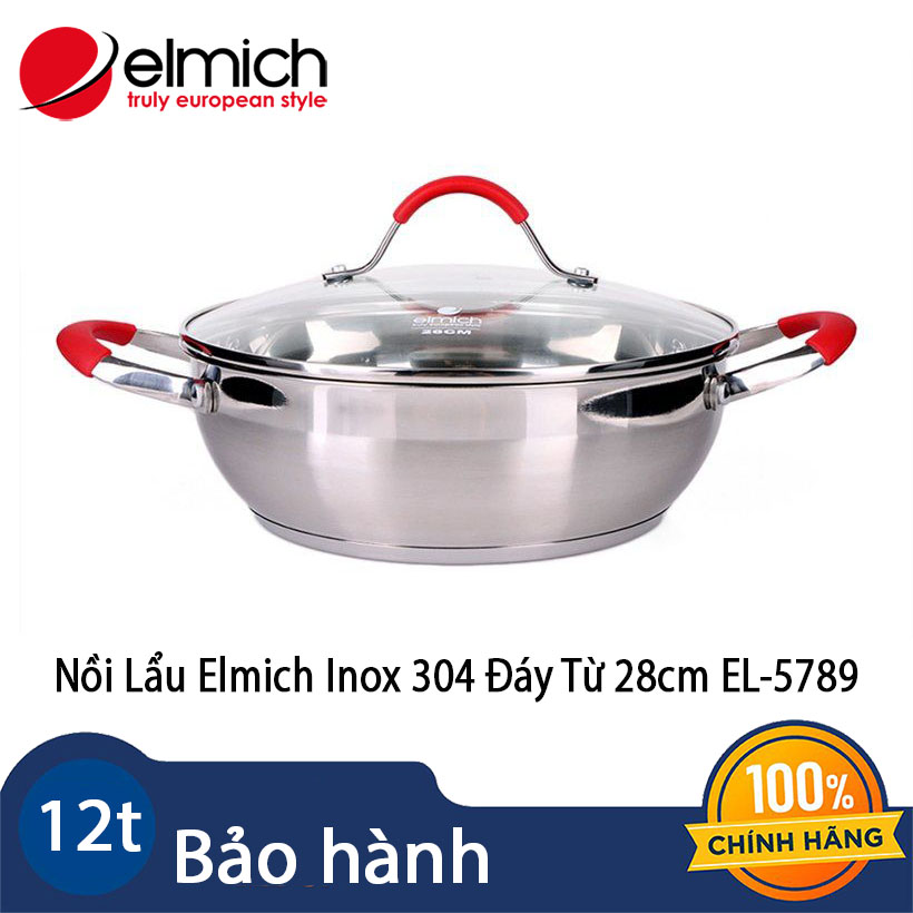 Nồi Lẩu Inox 304 Đáy Từ 5 Lớp Nắp Kính Elmich 2355789 28cm