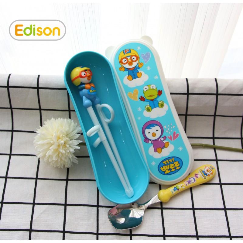 Set 2 món thìa, đũa tập ăn có hộp đựng cho bé Edison 9842 Hàn Quốc hình Pororo - Đồ dùng ăn dặm Edison