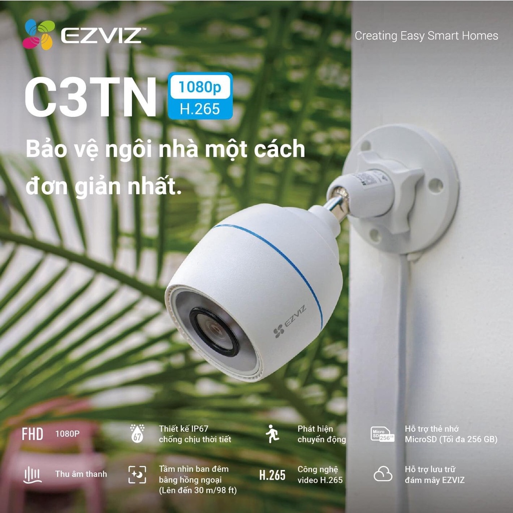 Camera Wifi ngoài trời EZVIZ C3TN 1080P - C3TN Color Night - hổ trợ thẻ nhớ lên 256G - hàng chính hãng