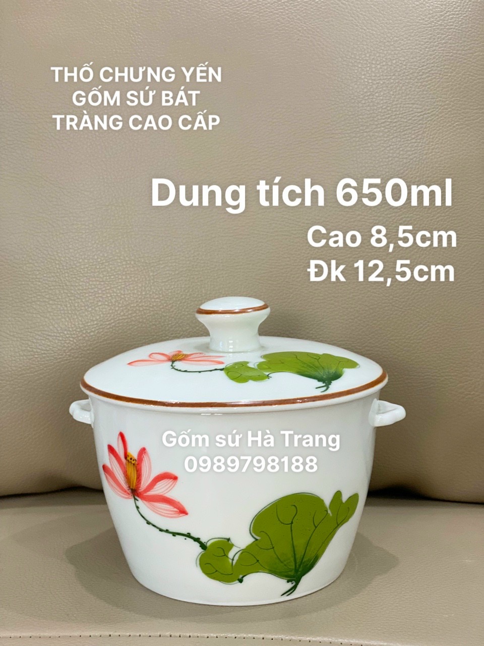 Thố chưng yến gốm sứ Bát Tràng cao cấp dung tích 650ml vẽ sen đỏ