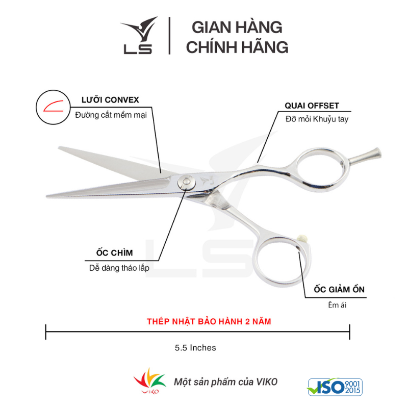 Kéo cắt tóc LS lưỡi thẳng quai offset phẳng đỡ ngón tháo rời CB11/5.5