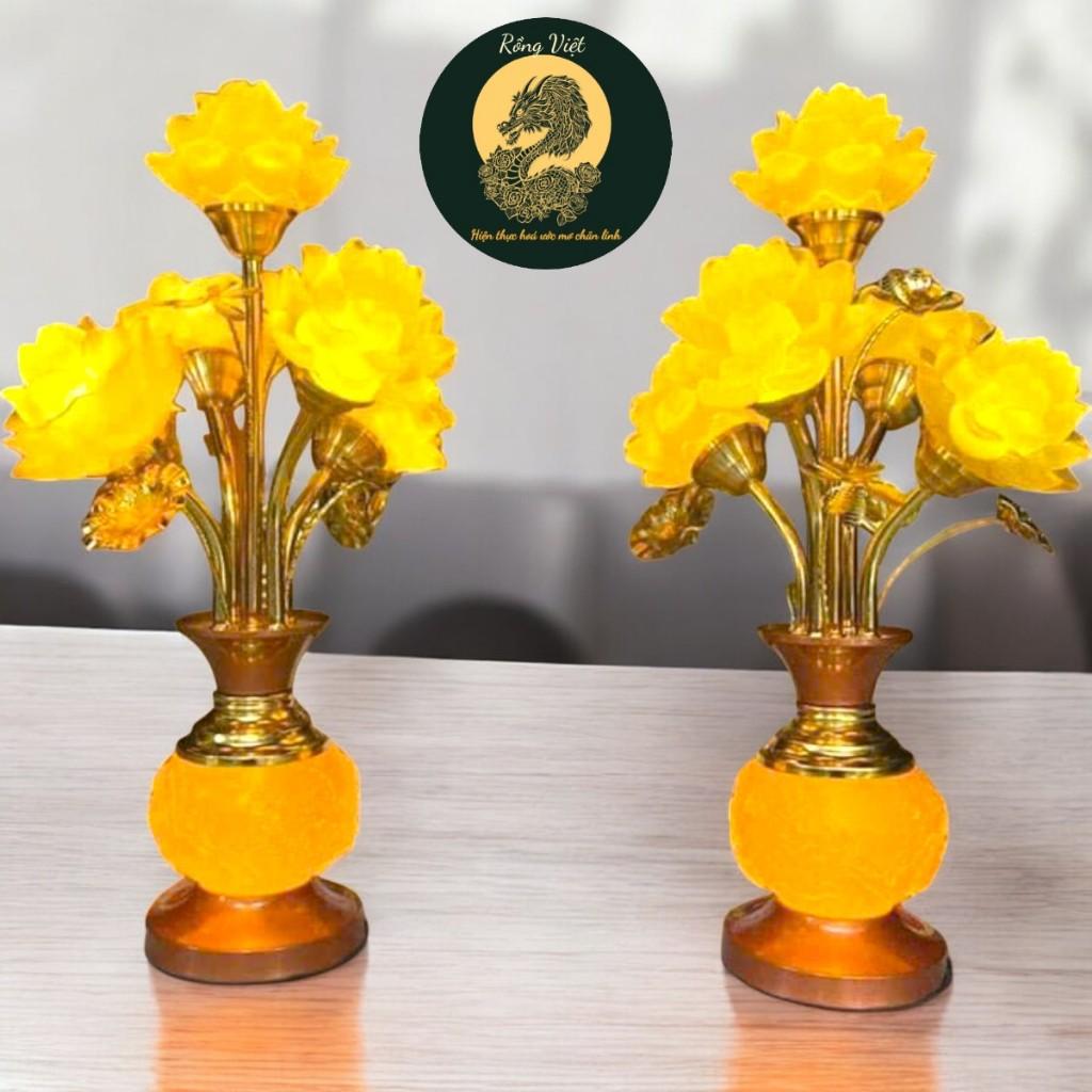 cặp đèn lưu ly 5 bông dáng lục bình RỒNG VIỆT, Cặp đèn thờ thân hợp kim bình lưu ly cao cấp