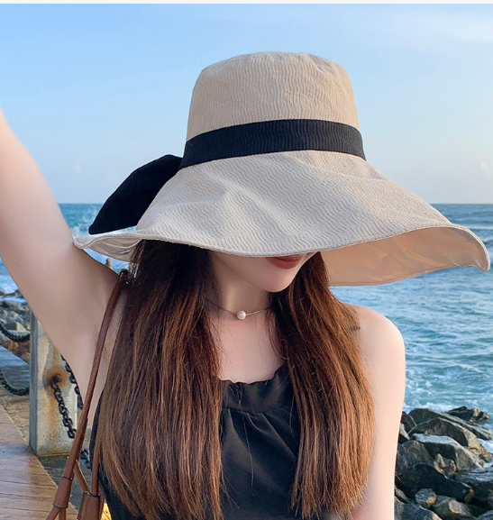 Mũ rộng vành chống nắng nữ gắn nơ bản to phong cách Hàn, nón nữ vải 2 lớp phủ chống tia UV cao cấp