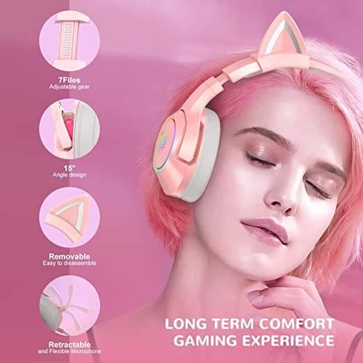 ONIKUMA K9 HồngTai nghe tai mèo dễ thương có mic tai nghe chụp tai chơi game thương có mic chống ồn Tai tai nghe mèo