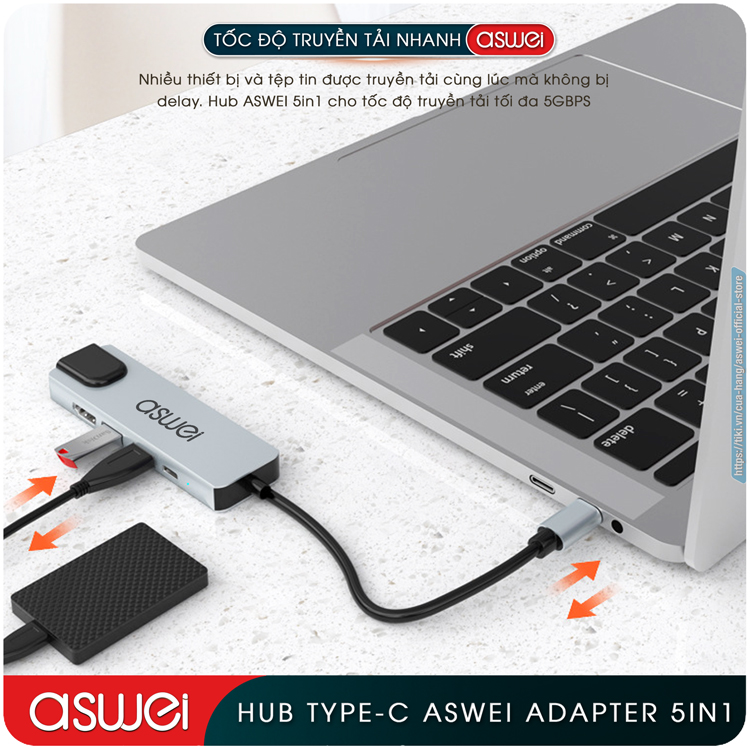 Hub Type C ASWEI 5 in 1 To HDMI, USB 3.0, Lan RJ45, PD 100W - Hàng Chính Hãng
