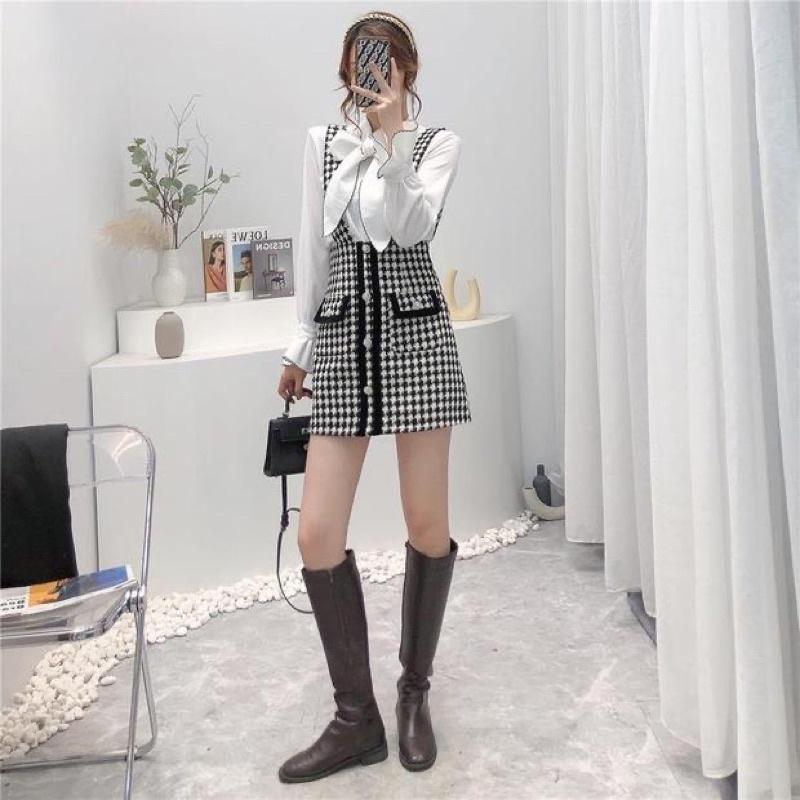 Set Yếm Dạ Mix Áo Sơmi Cổ Nơ Siêu Xinh Có Ảnh Thật Kèm Video