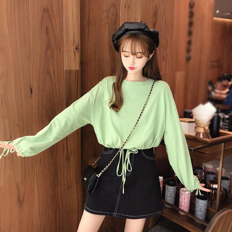 Áo thun tay dài màu trơn thiết kế dáng rộng thoải mái