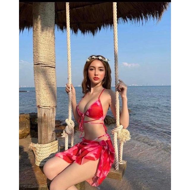 Bikini,set 3 món loang đỏ kèm khăn voan cao cấp ảnh thật kèm Feedback