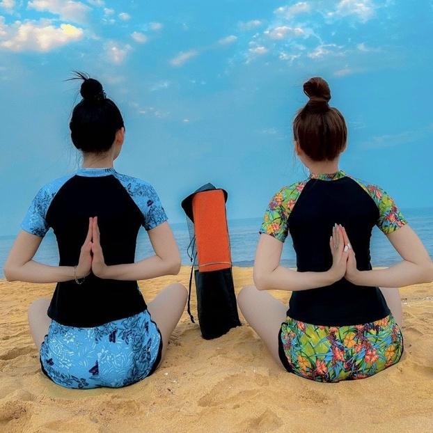 Bikini họa tiết liền cộc tay kín, đồ bơi thể thao nữ ngắn tay Korean SAVVY short sleeve bikini swimsuit,swimwear summer