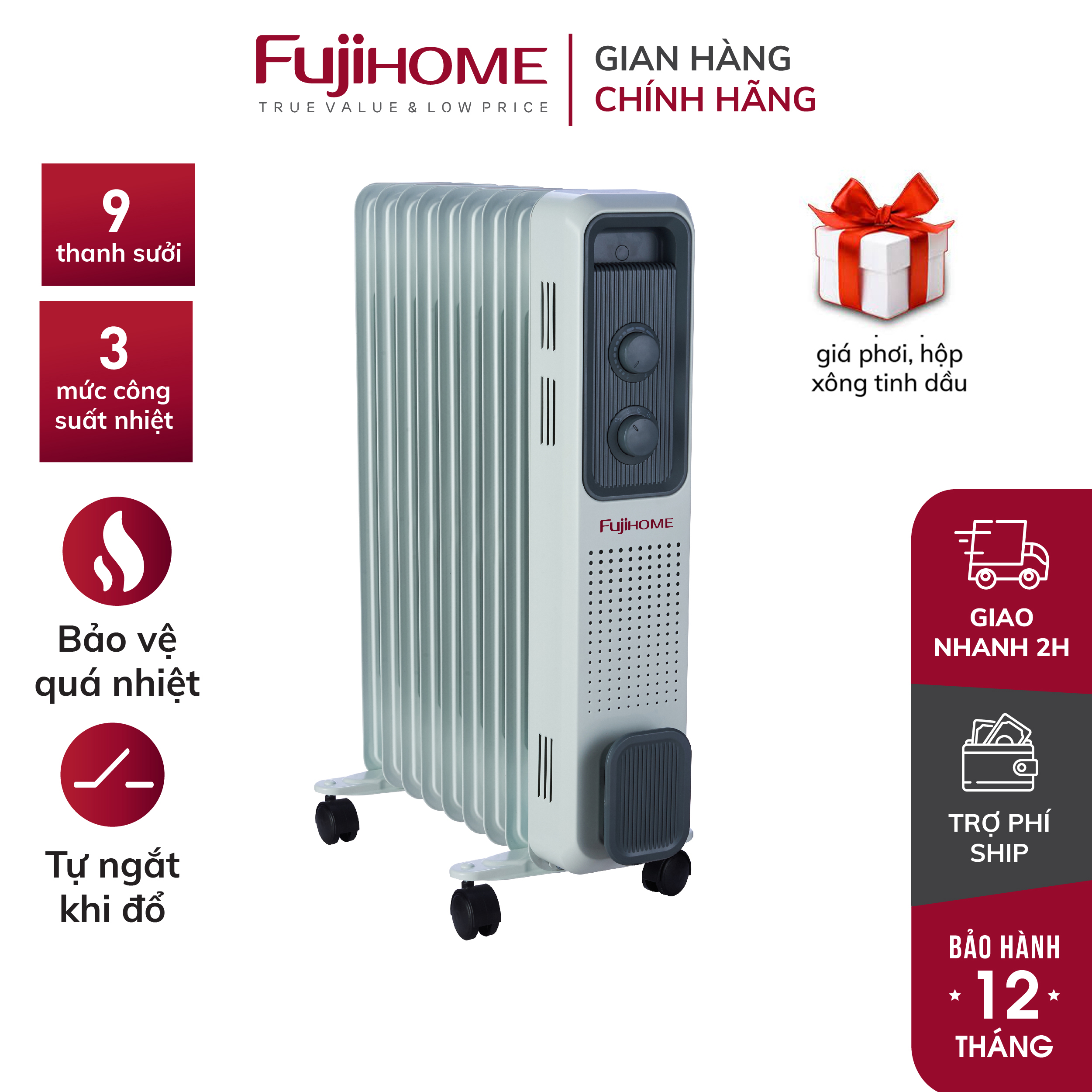 Máy sưởi dầu không khô da 9 thanh CN Nhật Bản FUJIHOME OH849, máy sưởi ấm điện không đốt oxi, tự động ngắt an toàn tiết kiệm điện - Hàng Chính hãng