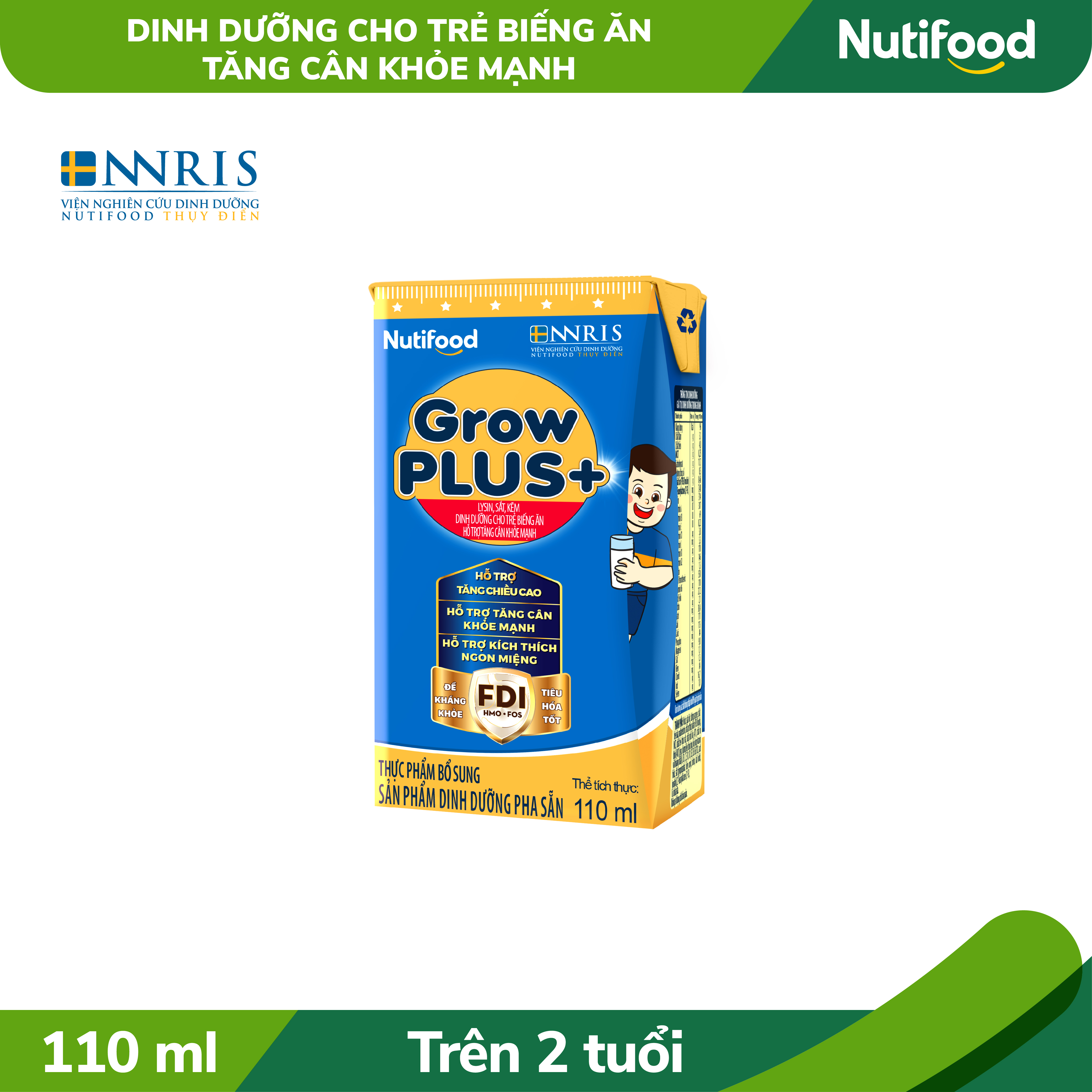 Thùng Sữa bột pha sẵn GrowPLUS+ Biếng ăn (XANH) cho trẻ tăng cân khoẻ mạnh (Trên 2 tuổi) (48 hộp x 110ml)