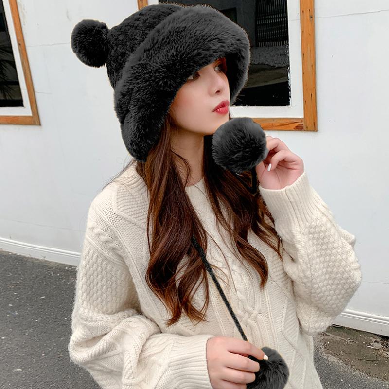 HT3374 Thu Đông Nón Nữ Mềm Mại Trang Lông Thú Nga Nón Nữ Dễ Thương Pompoms Tuyết Trượt Tuyết Bẫy Bắt Earflap Bộ Đội Nữ Dệt Kim nón Lưỡi Trai