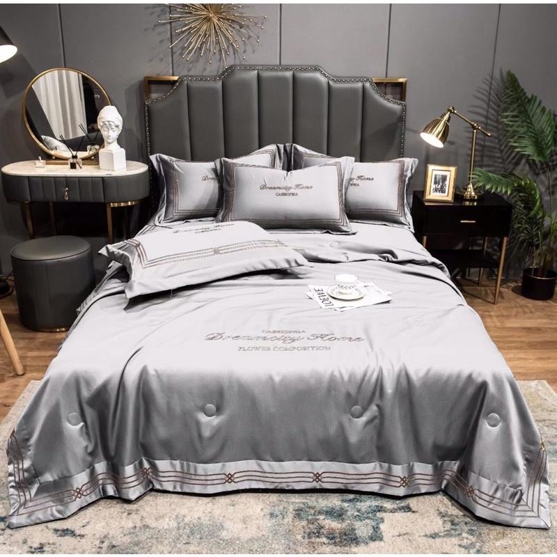 Bộ Chăn Trần Ga Và Gối Phi Lụa DreamCity Home Thêu 3 Sọc Tiện Lợi Cho Mùa Hè Thu ,Có Đủ Kích Thước Gường
