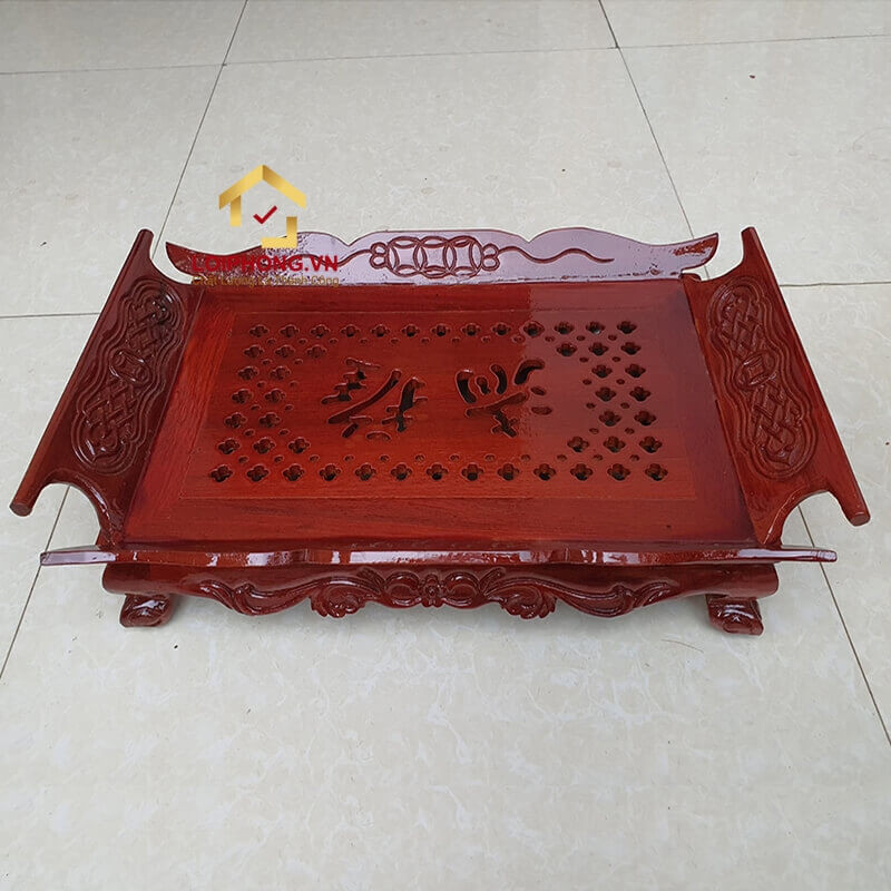 Khay trà gỗ hương chạm tiền 44x30x12 cm