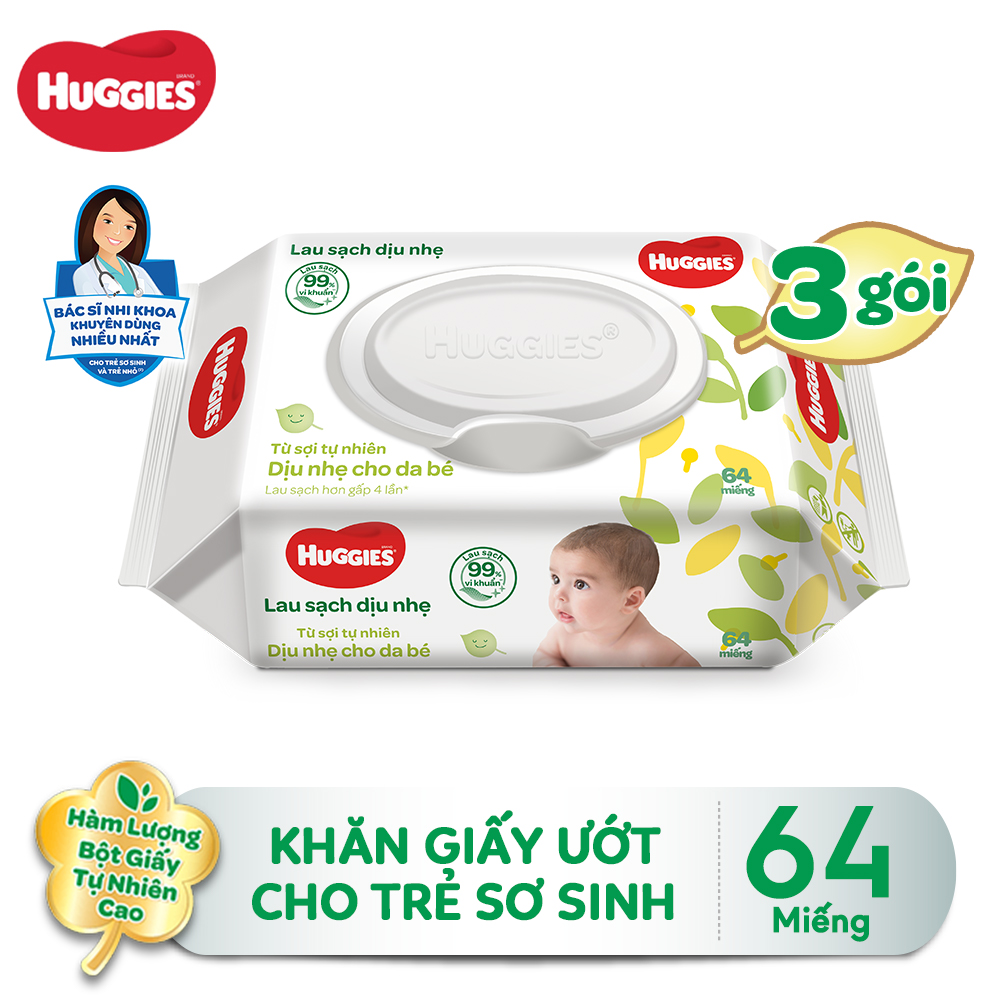 Combo 3 Gói Khăn giấy ướt cho trẻ sơ sinh HUGGIES không mùi gói 64 tờ