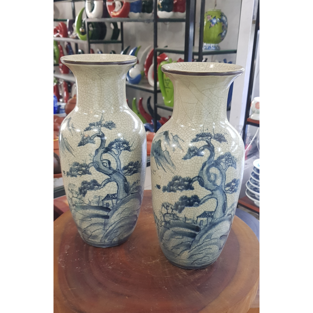Bình hoa men rạn giả cổ họa tiết sơn thủy gốm bát tràng cao 28cm cắm hoa trang trí