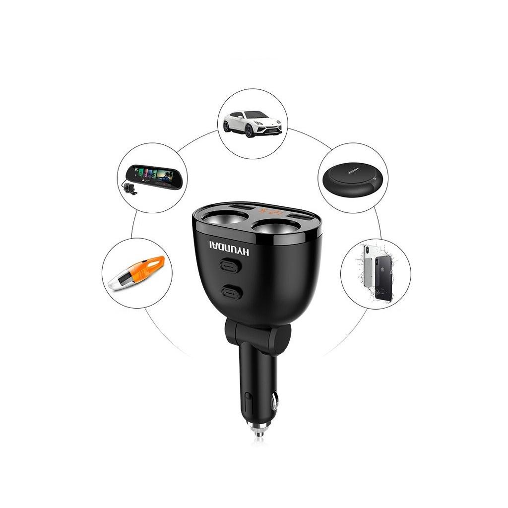 Bộ Chia Tẩu Xe Hơi, Bộ Chia Tẩu Sạc Xe Hyundai Cao Cấp 2 Lỗ, 2 Cổng Sạc USB Hỗ Trợ Sạc Nhanh Các Thiết Bị