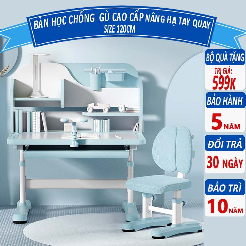 Bộ bàn học chống gù F04, Bàn học cho bé kèm giá sách vòm, Thiết kế mới, Kích thước lớn 90cm
