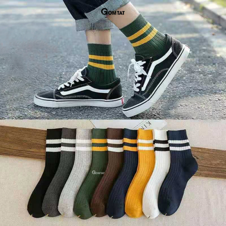 Combo 10 đôi Vớ Cổ Cao Unisex Cotton Dày dặn, Tất Cao Cổ Nam Nữ Họa Tiết Cổ 2 Sọc Ngang - CB202