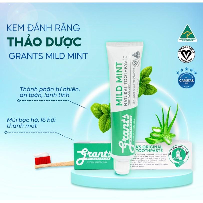 Kem Đánh Răng Thảo Dược [NUỐT ĐƯỢC] Lô Hội Bạc Hà Tự Nhiên Grants của ÚC, 110g, Hơi Thở Thơm Mát, Làm Dịu Nướu, Giảm Ê Buốt, Hữu Cơ, An Toàn, Sạch Miệng, Trắng Răng