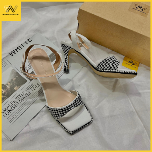 Giày Sandal Cao Gót Quai Ngang Dép Duy Nhật Store Phối Da Mờ Dạ Chữ H Gót Nhọn Trắng Caro Đẹp Xinh Cao 7cm 2 Màu Nude