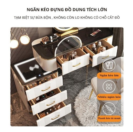 Bàn trang điểm thông minh nhập khẩu kèm ghế, gương đèn led, có loa bluetooth, sạc không dây, đèn ngủ led _Mã VTP03