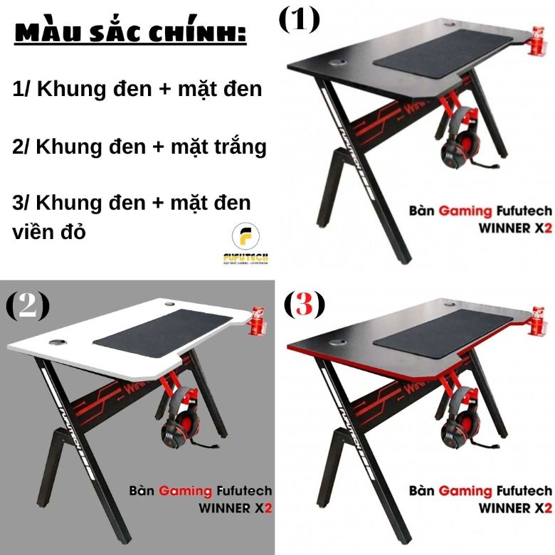 Bàn Gaming Fufutech Winner X2 120x60 Cm Không Rung Lắc Mặt Gỗ Mdf Có Giáp Đèn Led 7 Màu, Tích Hợp Cắm Sạc USB Nhiều Cổng, Giá Treo Tai Nghe, Khay Đựng Ly Gắn Bàn Gấp Gọn