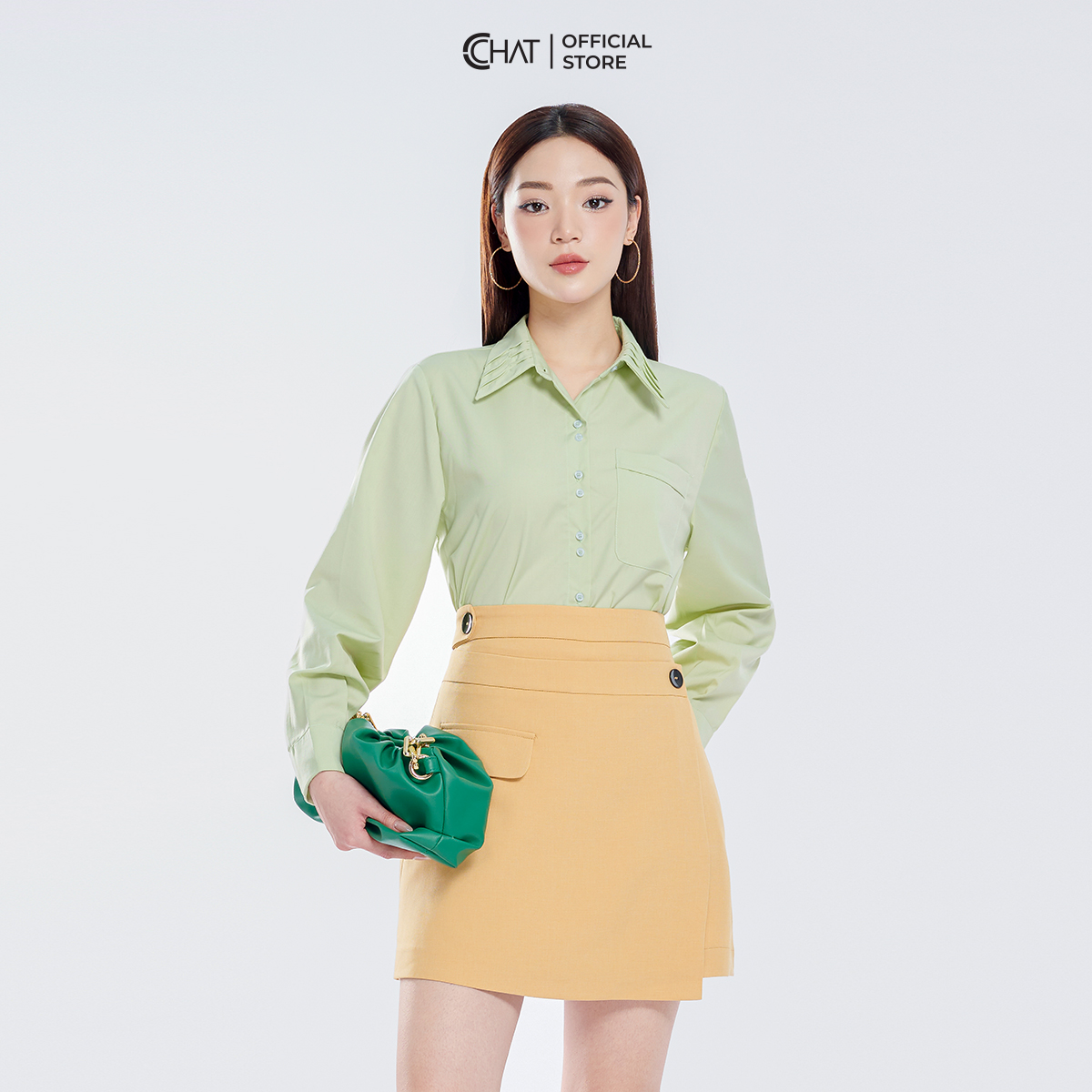 Áo Sơ Mi Nữ CCHAT Bấu Mí Lá Cổ Chất Liệu Thô Nhập Khẩu 13SDT2005ST