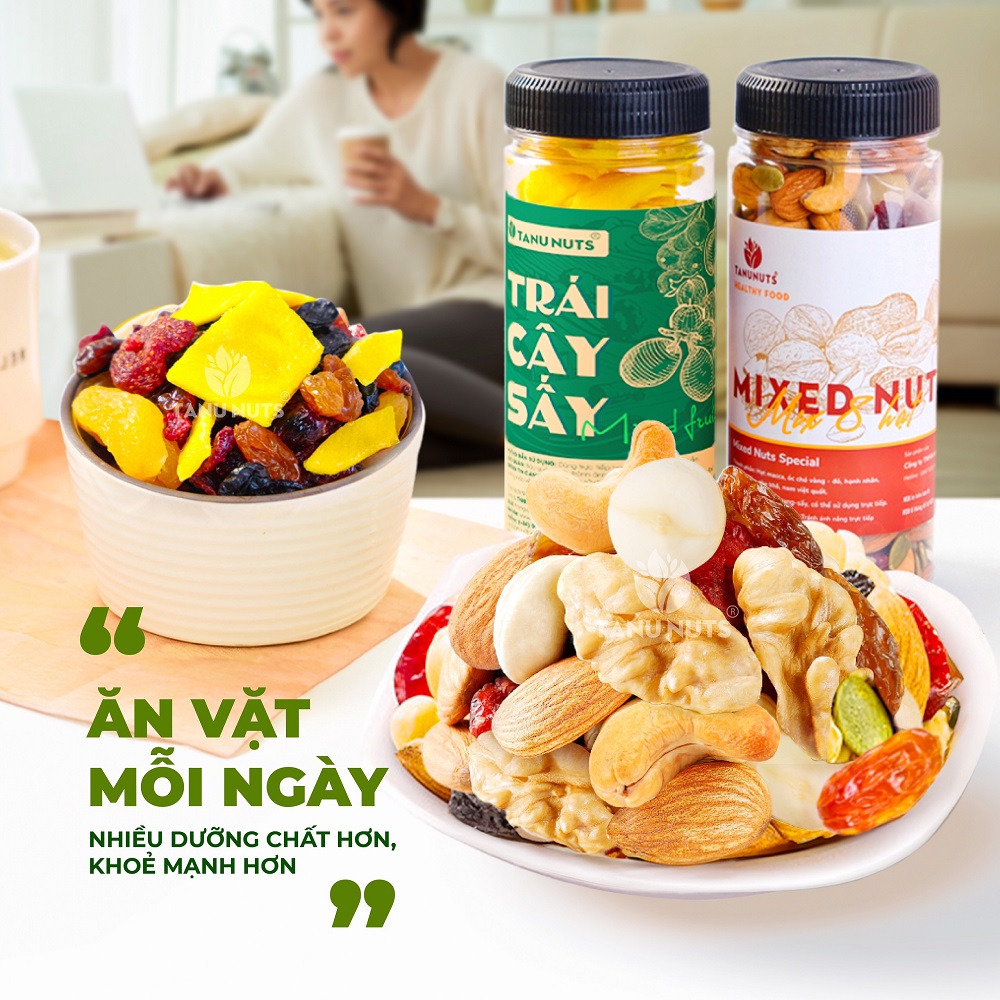 Trái cây sấy dẻo không đường TANU NUTS Mix Fruits 5 loại gồm mơ, xoài sấy, dâu sấy, nho khô, việt quất 400g