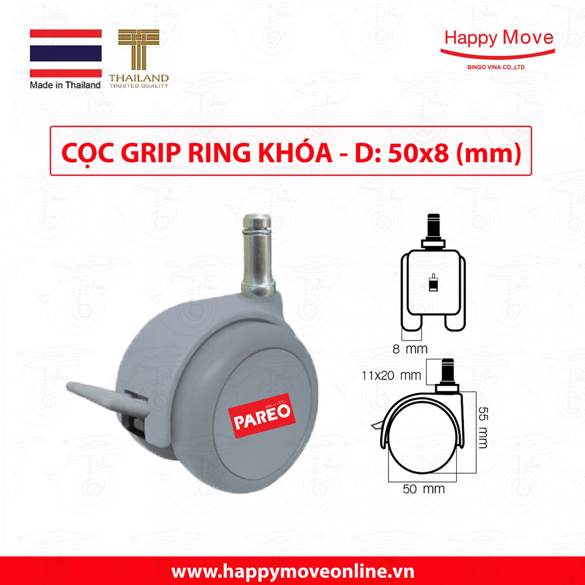 Bộ 5 bánh xe cọc vít trơn có khóa 50mm cho ghế/bàn xoay văn phòng nội thất - tải 40kg - Happy Mobe Thái Lan