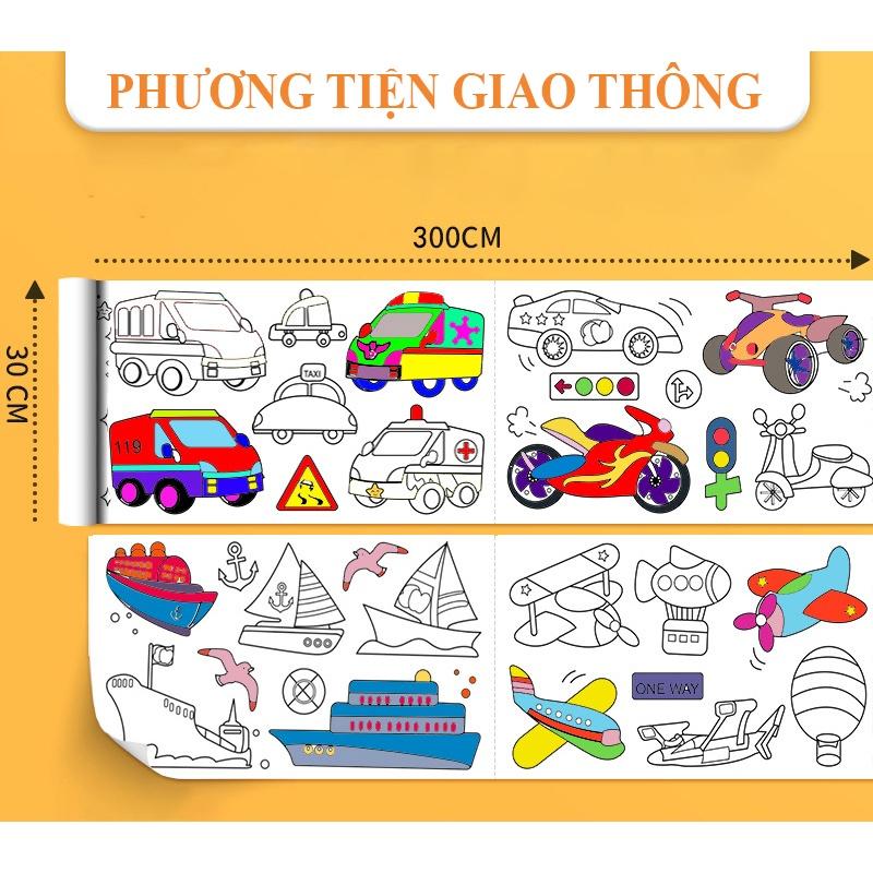 Cuộn tranh tô màu 3m có thể cắt dán làm sticker dài 3m rộng 30cm cho bé, dán lên tường không bong tróc sơn