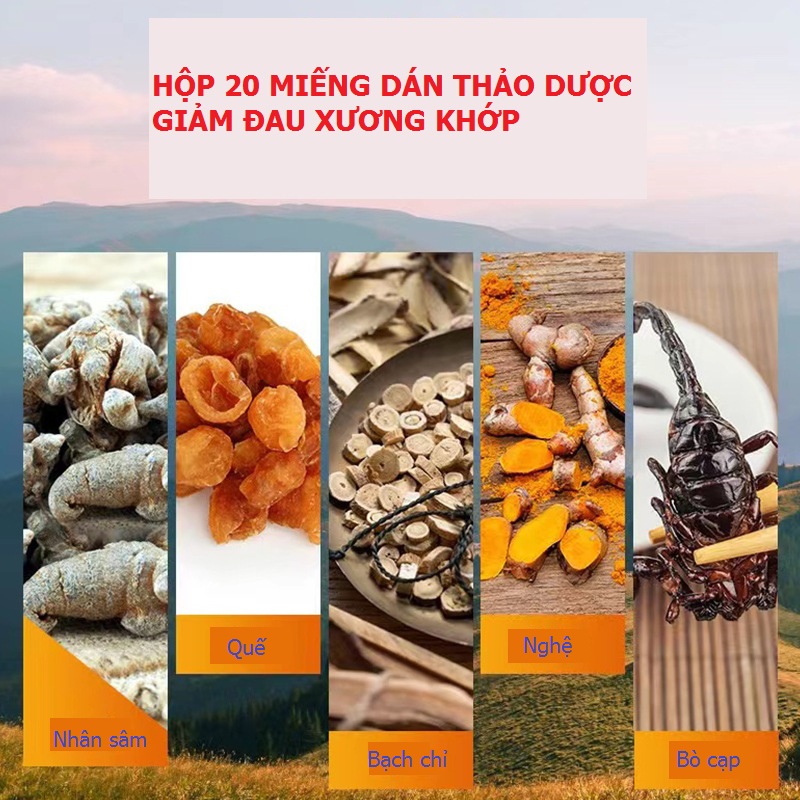 Hộp 20 miếng cao dán thảo dược nhân sâm, nghệ, ngải cứu , bạch chỉ giúp giảm đau cổ vai gáy,thắt lưng