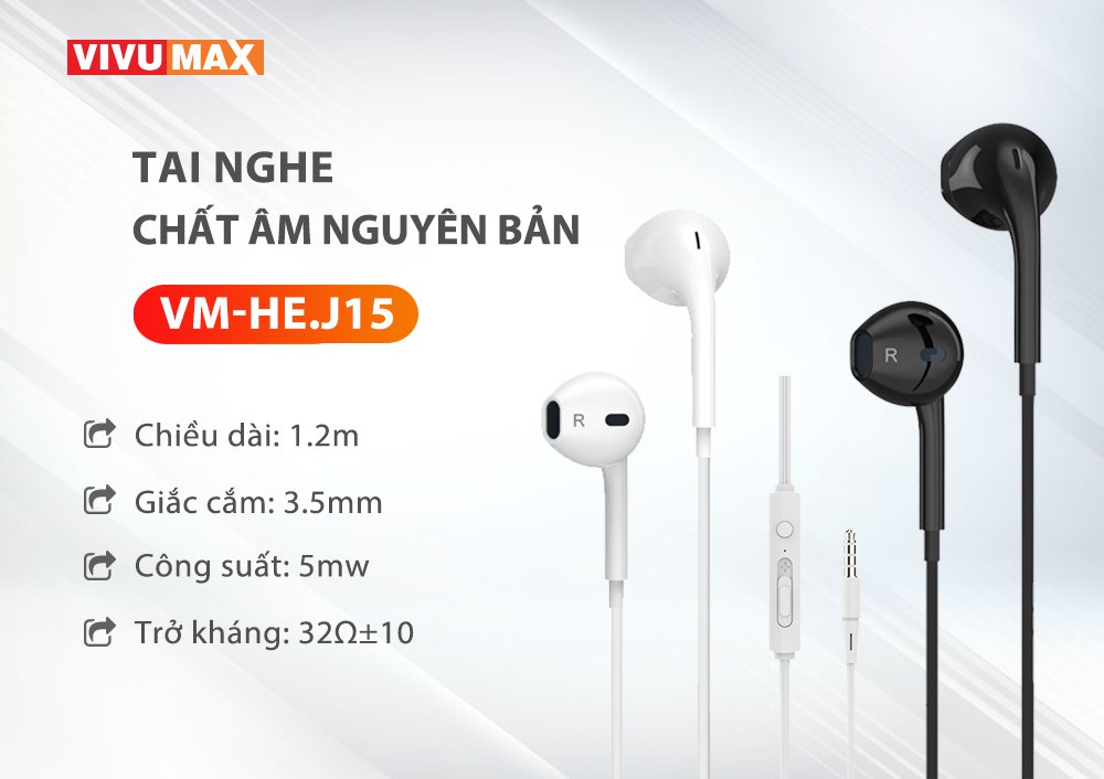 Tai nghe nhét tai có dây VivuMax J15 - Jack cắm 3.5mm, có Mic/Microphone - Cho iOS/Apple (iPhone/iPad), Android (Samsung, Vsmart, Sony, Xiaomi, Huawei, Oppo) Màu Trắng/Đen - Hàng Chính Hãng