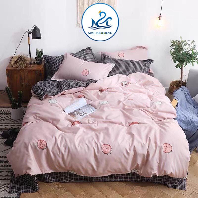 Bộ chăn ga gối Cotton poly M2T Bedding Quả dâu phối caro, vỏ chăn mền, drap nệm và 2 vỏ gối