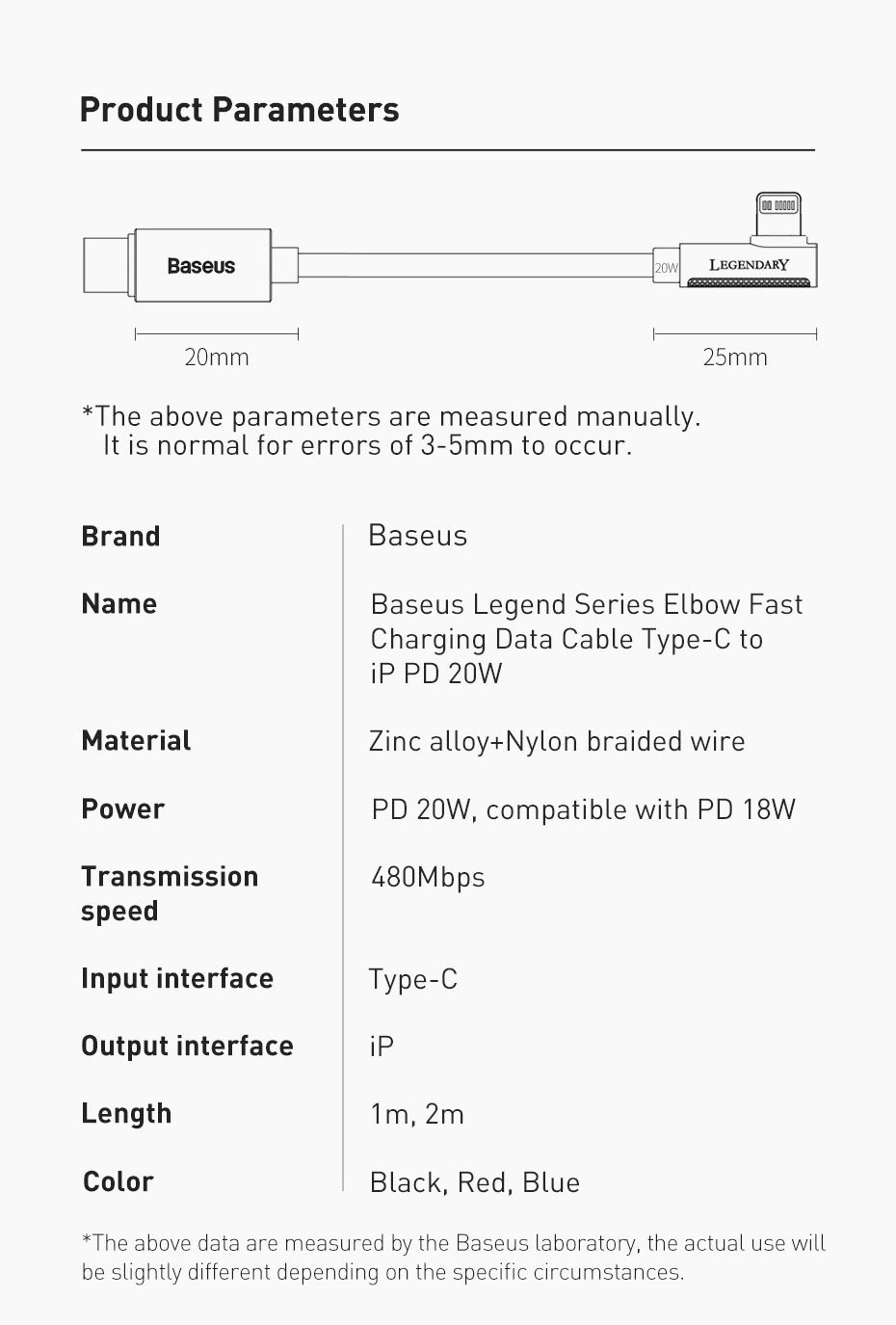 Cáp sạc Baseus iPhone 20W đầu gập Baseus Legend Series Elbow Fast Charging Data Cable Type C to IP PD 20W - Hàng chính hãng