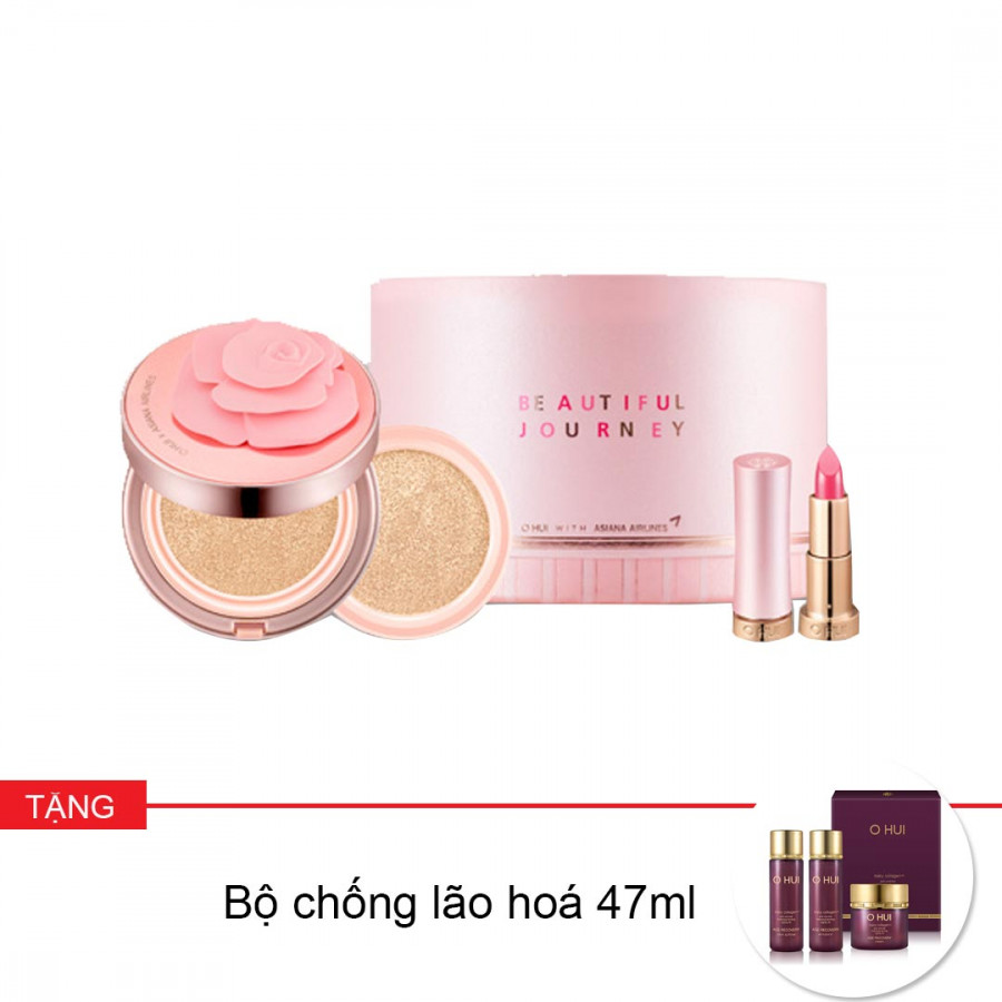 Bộ trang điểm tiếp viên OHUI Ultimate Cover Moisture Cushion 01 30g tặng bộ chống lão hóa Age Recovery 3pcs 47ml