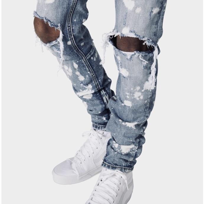 Quần Jean Nam The Luyn Black Màu Xanh Indigo Rách Gối Phối Đốm Trắng Phong Cách Streetwear Bụi Bặm