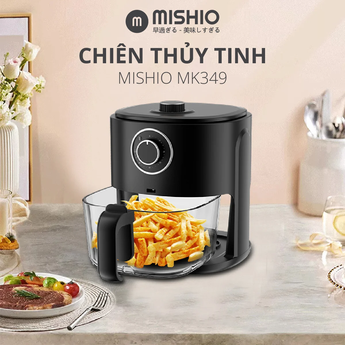 Nồi chiên không dầu thuỷ tinh 6L Mishio MK349 không sợ bong tróc gỉ sét khay chiên - Hàng chính hãng