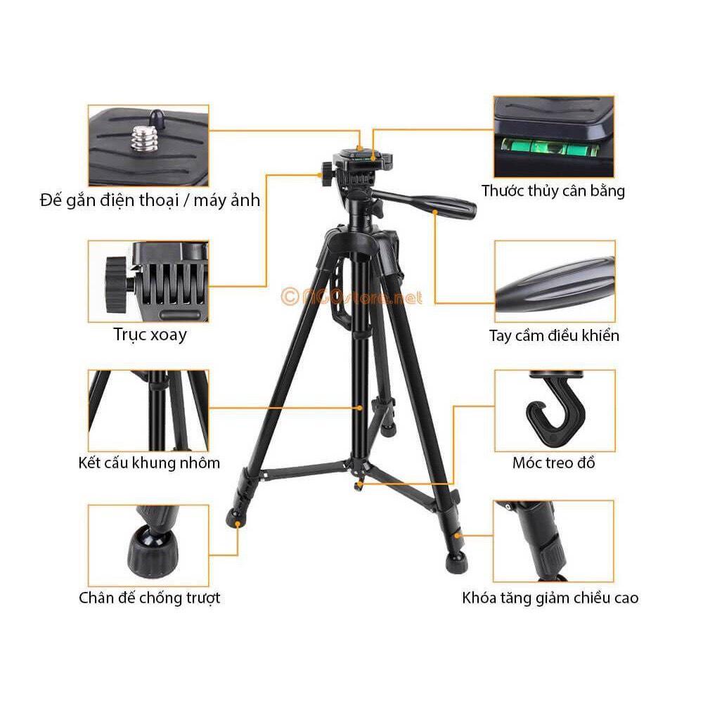 Gậy selfie chụp ảnh 3 chân tripod 3366 cao 1m5 có tay cầm, tặng đầu kẹp và túi đeo- Chân Giá Đỡ Điện Thoại Chắc Chắn