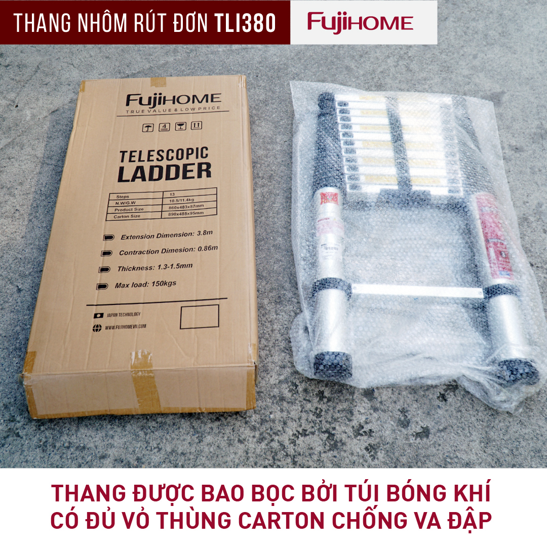 Thang nhôm rút đơn Nhập Khẩu 3,8M gấp gọn Nhật Bản Fujihome chống trượt, thang rút xếp gấp gọn gia đình đa năng 3m8 mét có khóa an telescoping ladder - Hàng Nhập Khẩu