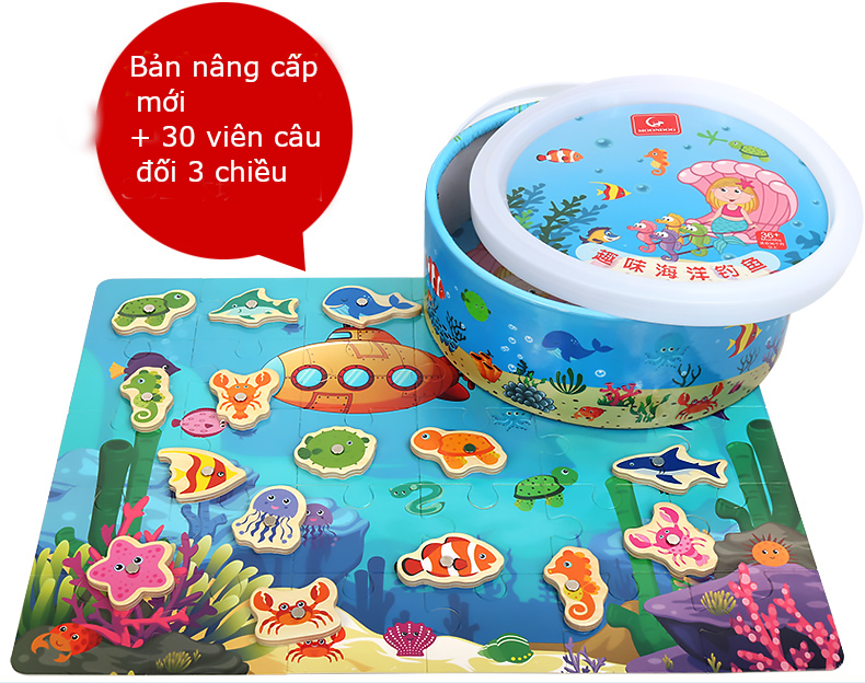 Đồ chơi câu cá bằng gỗ cho bé gồm 20 cá, 2 cần câu nam châm, xúc sắc phù hơp cho bé 1 -5 tuổi