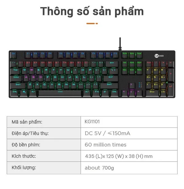 Bàn Phím Cơ Gaming Sothing Lecco KG1101, Bàn Phím Led, Độ Bền Cao- Hàng Chính Hãng