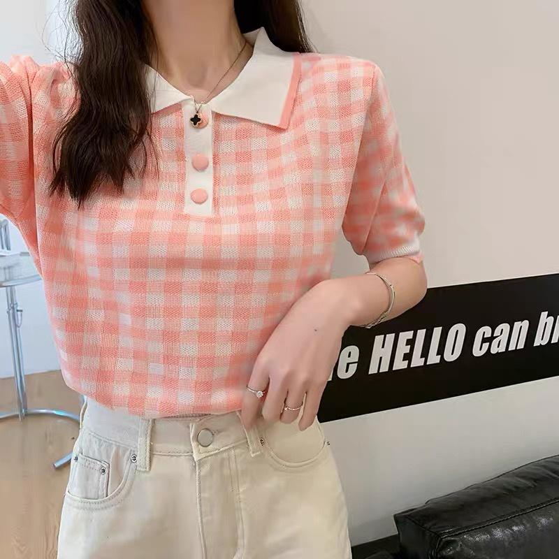 Áo polo caro dệt kim nữ tay ngắn dáng rộng len mongtogi kiểu cổ bẻ phối màu thời trang hàng đẹp Quảng Châu cao cấp