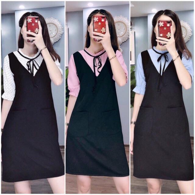 Đầm liền suông phối màu thắt nơ cổ DVCC