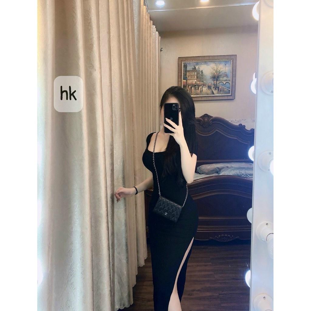 Đầm Body Cổ Vuông Tay Ngắn Xẻ 1 Bên Đùi Chất Thun Gân Thích Hợp Mặc Đi Tiệc Đi Làm Đi Chơi