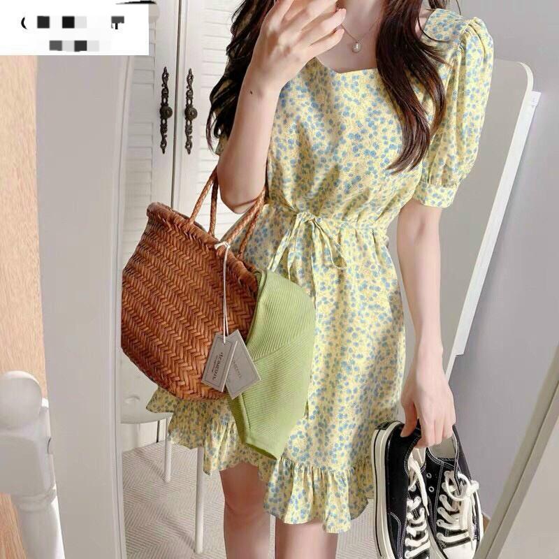 Đầm xoè lụa hoa tay phồng bèo lai kèm dây cột nơ eo