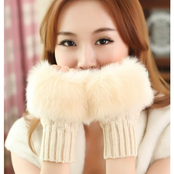 Găng Tay Nữ Bao Tay Nữ Len Lông Thỏ Hở Ngón - Dona21012103 - Trắng