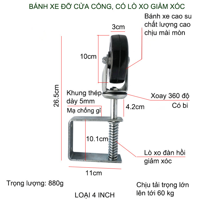 01 Bánh xe đỡ cánh cửa cổng xoay, có lò xo giảm xóc, loại bánh xe 4 inch